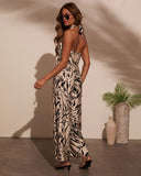 Leiden Abstract Halterneck Waist Tie Jumpsuit