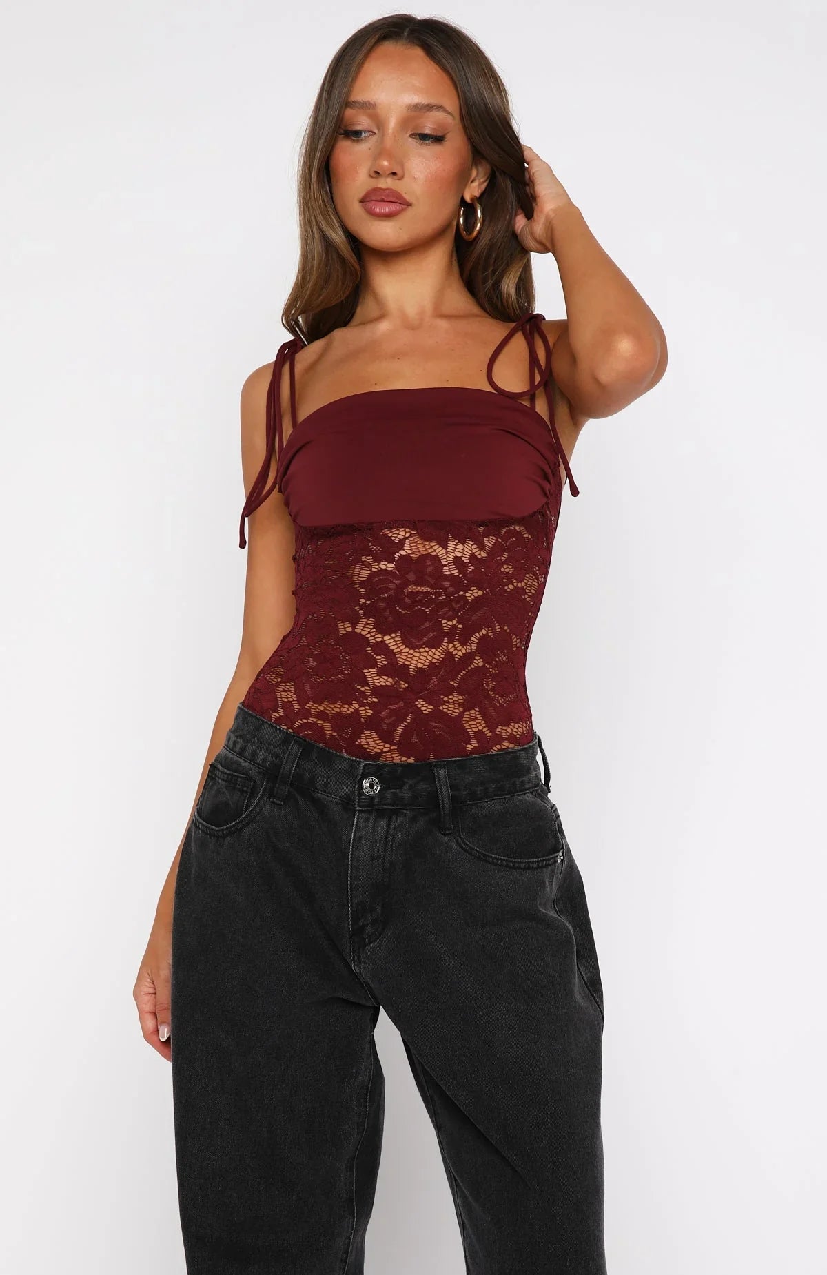 Pretty Savage Lace Bodysuit Wine