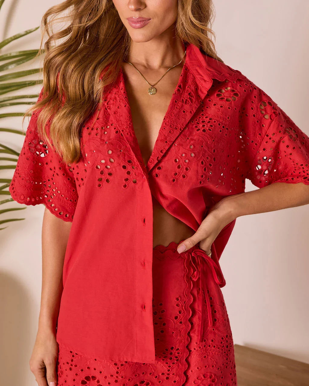 Riviera Reverie Eyelet Button Up Top