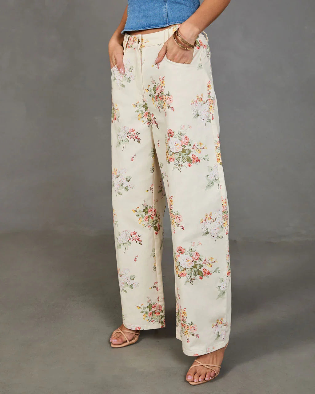 Sunlit Petals Rigid Mid Rise Wide Leg Floral Jeans