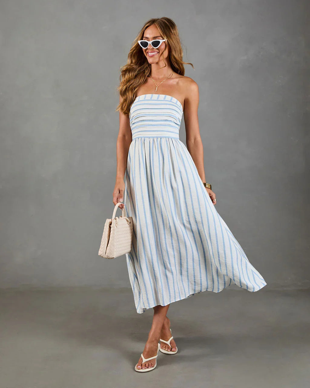 Telma Striped Strapless Fit and Flare Midi Dress