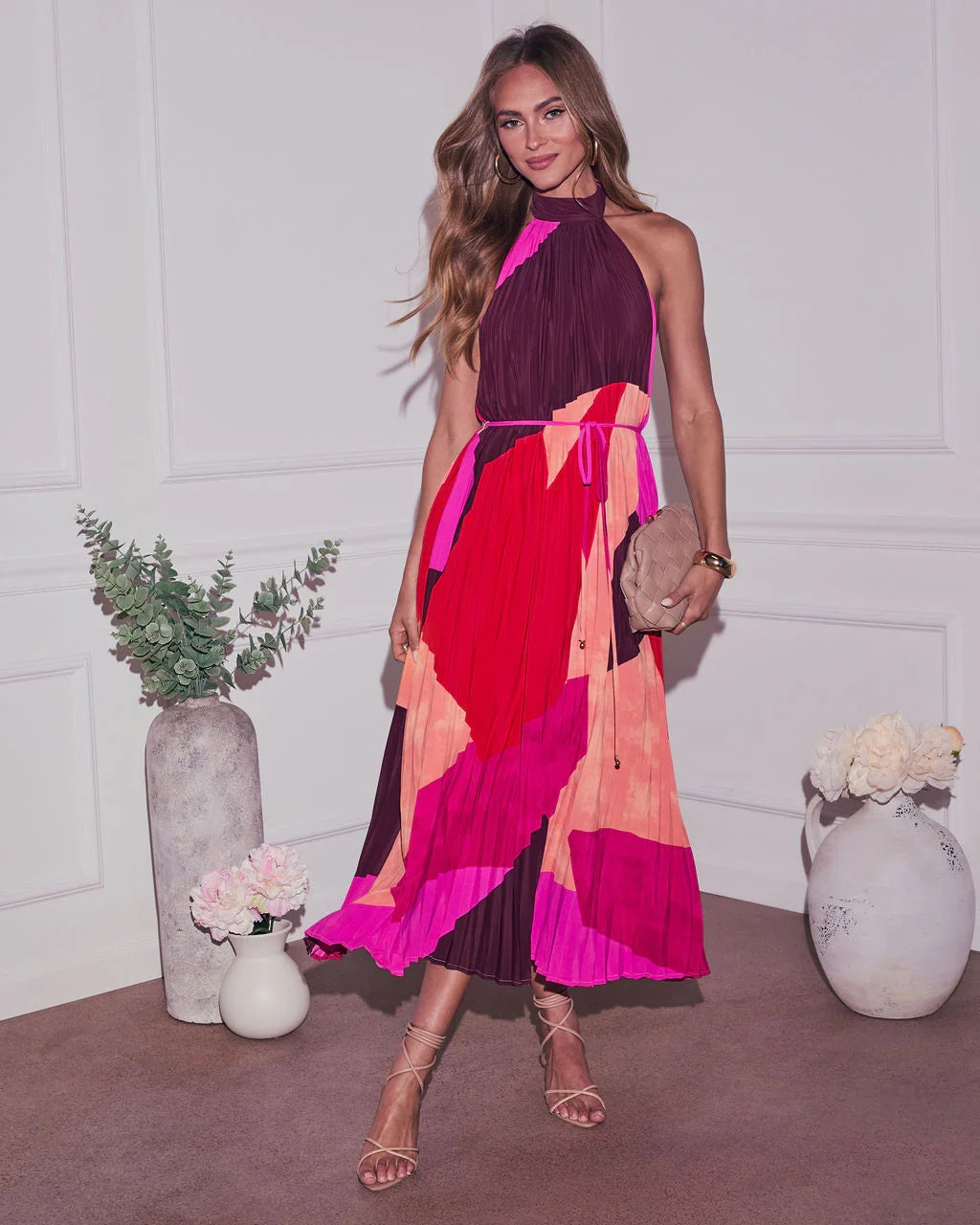Cheyenne Abstract Pleated Halter Midi Dress
