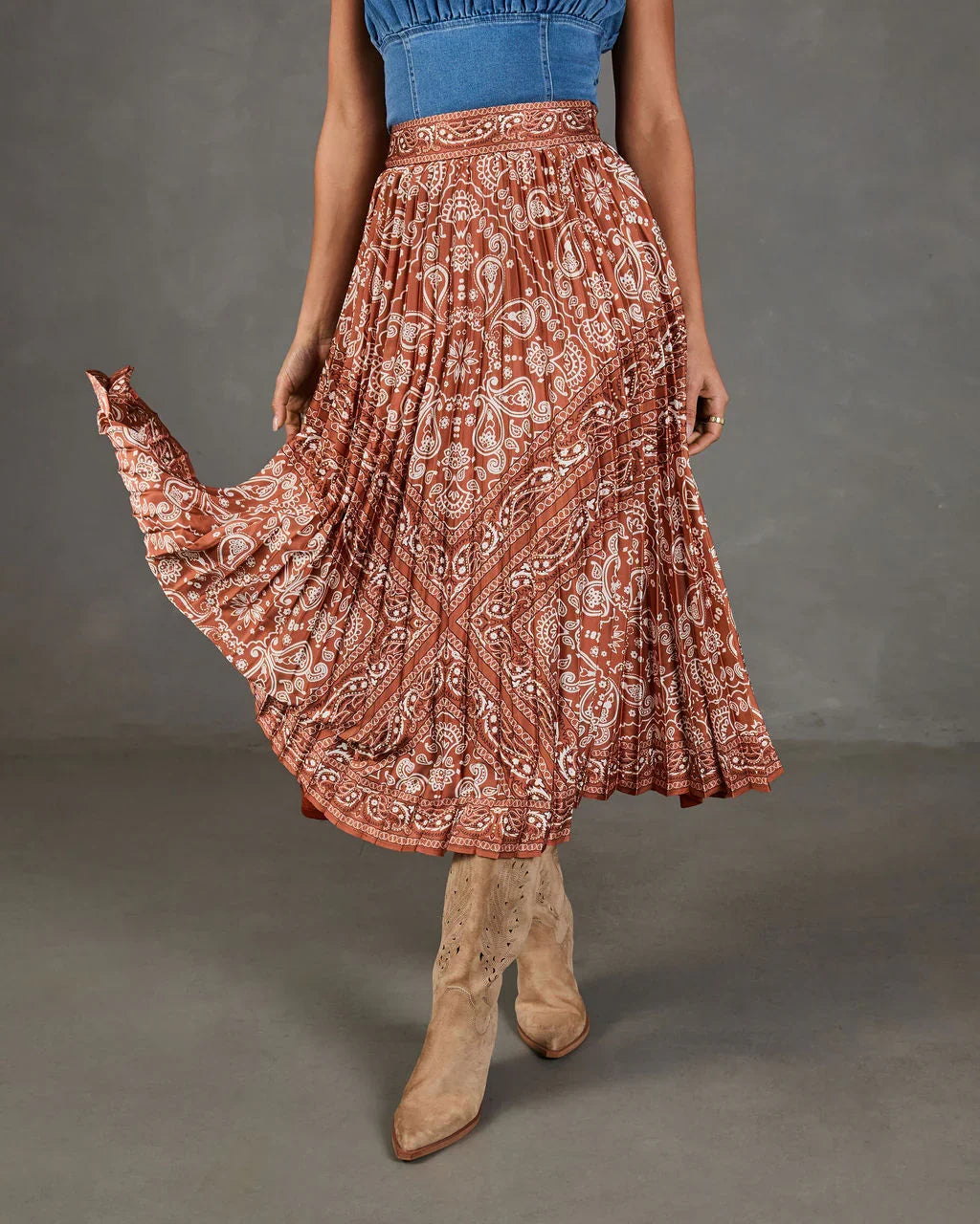 Whispered Valley Pleated Paisley Midi Skirt