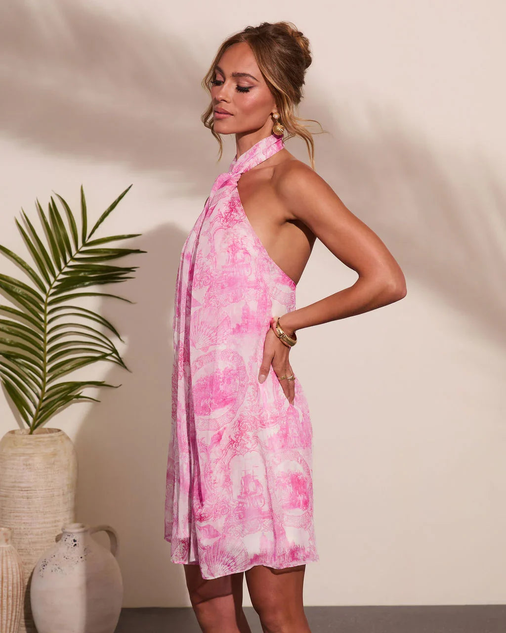 Tropic Bloom Floral Print Halter Neck Mini Dress