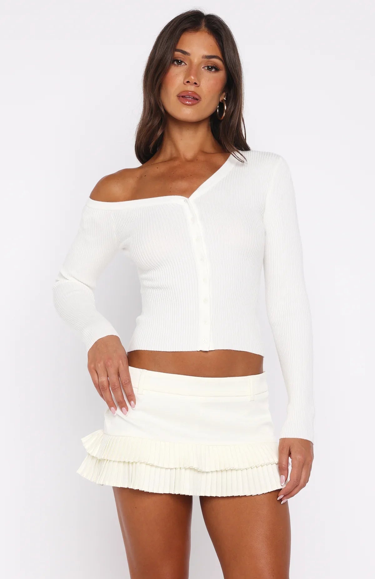 Double Dates Long Sleeve Knit Top White