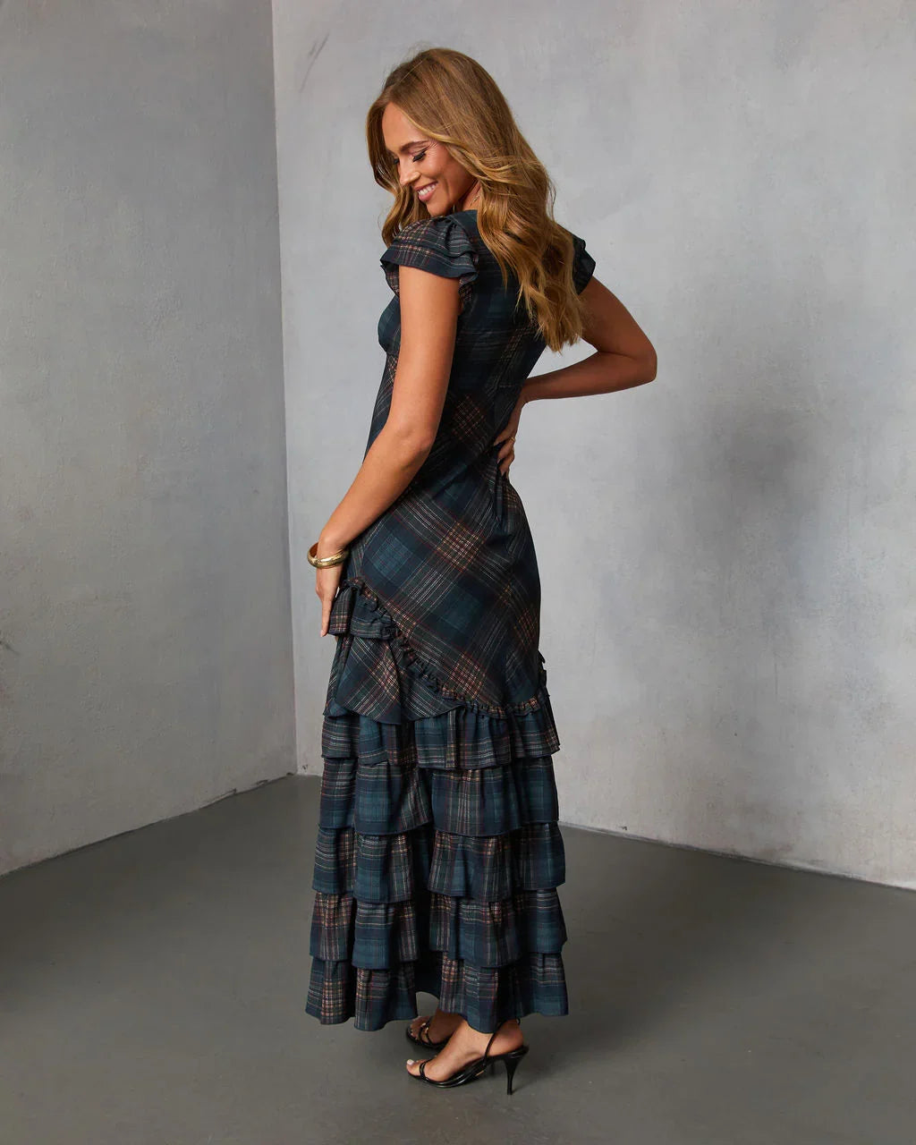 Marcellie Ruffle Plaid Maxi Dress