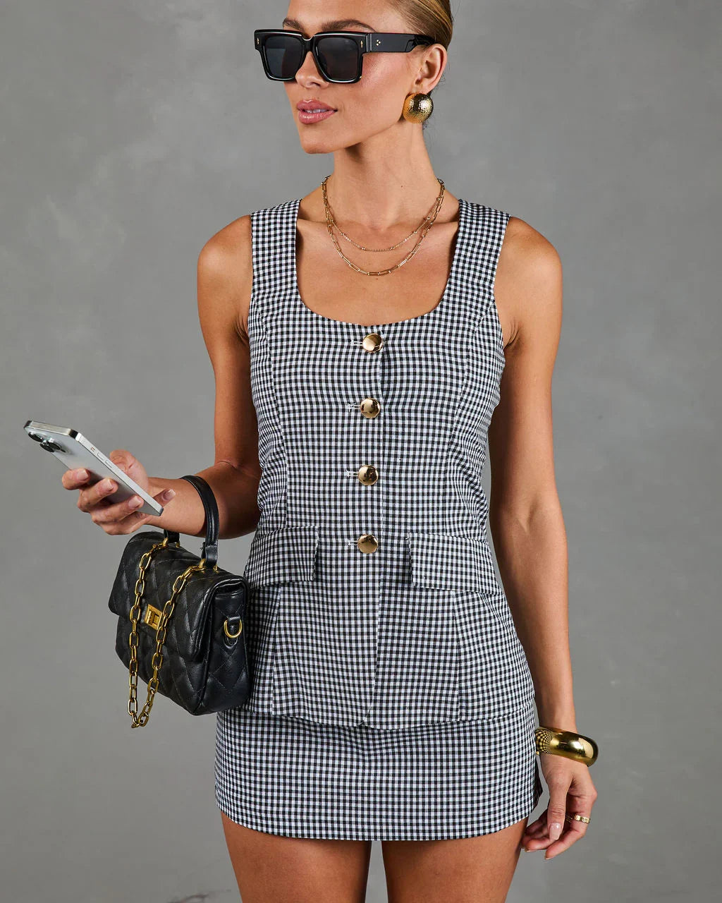 Chic Control Vested Linen Blend Gingham Mini Dress