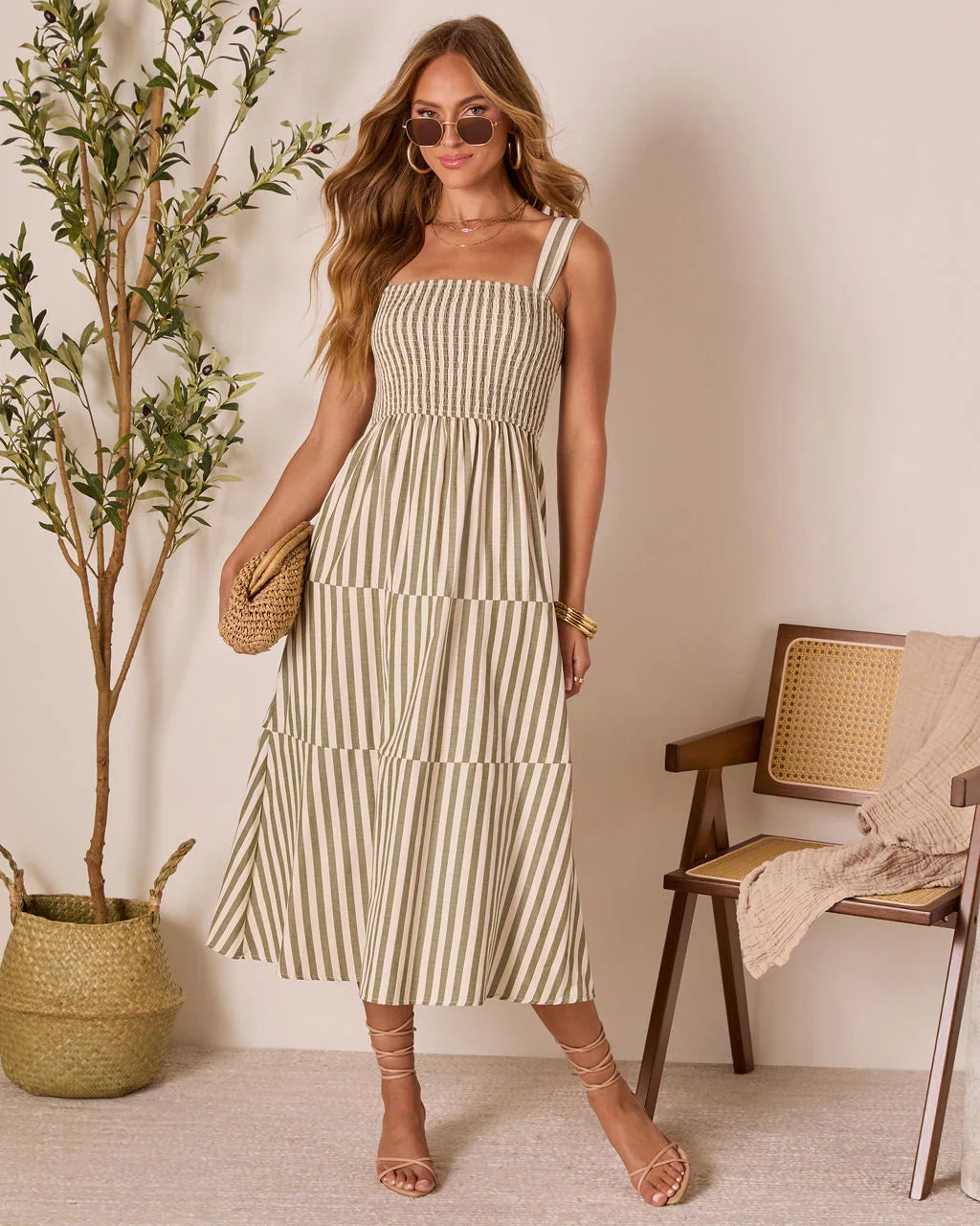 Braylin Striped Smocked Midi Dress