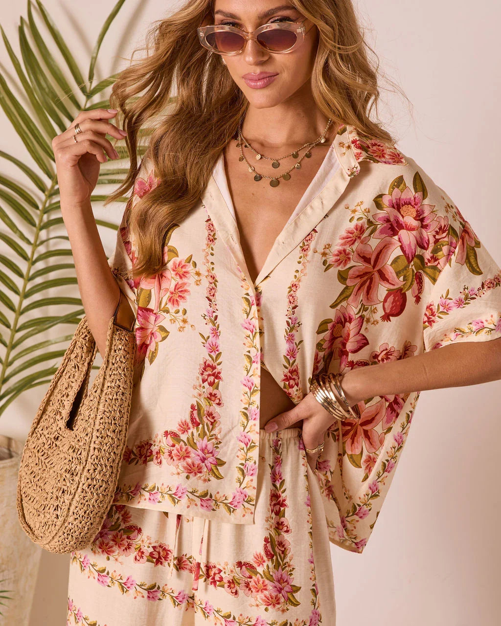 Hibiscus Haze Abstract Printed Button Up Top