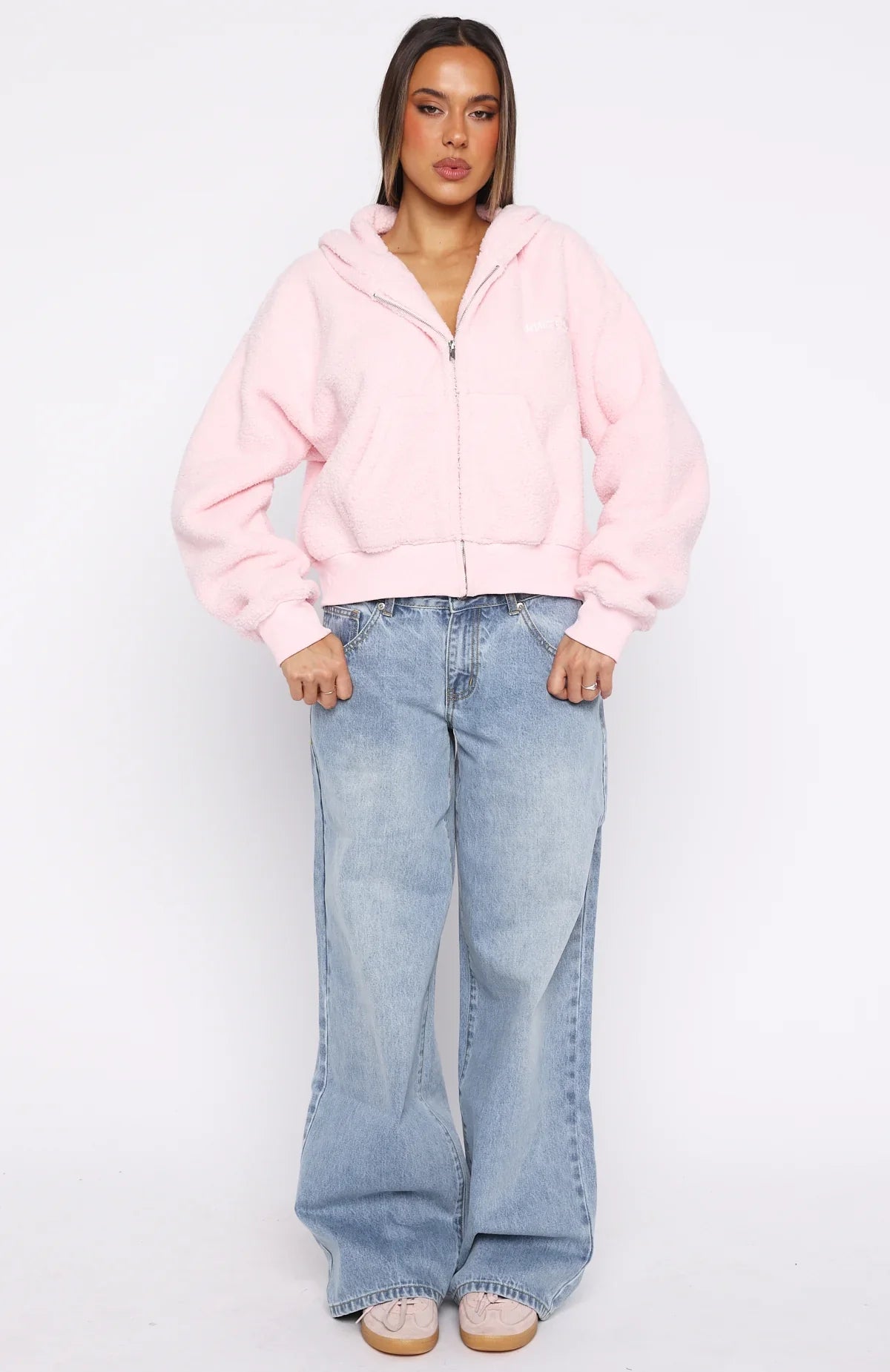 Always First Teddy Borg Boxy Zip Front Hoodie Pink