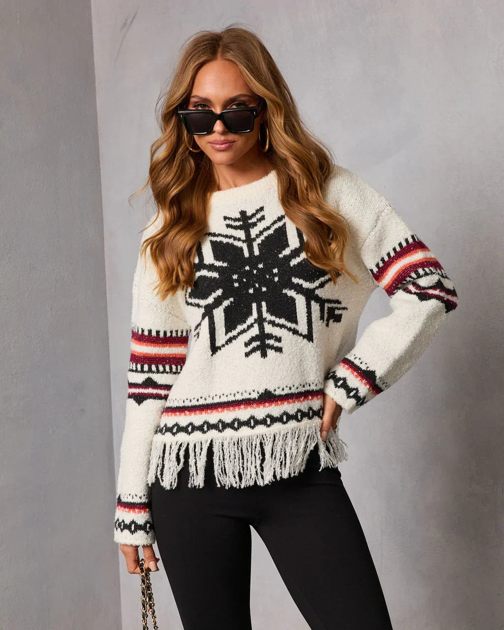Dreval Fringe Snowflake Fair Isle Sweater