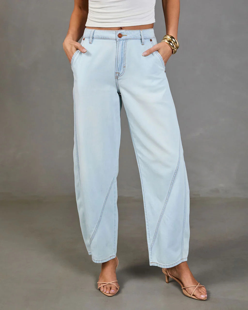 Washed Light Rigid Mid Rise Barrel Leg Jeans