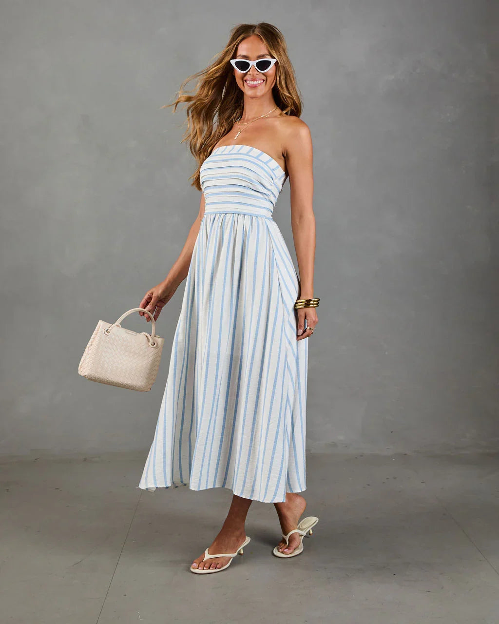 Telma Striped Strapless Fit and Flare Midi Dress