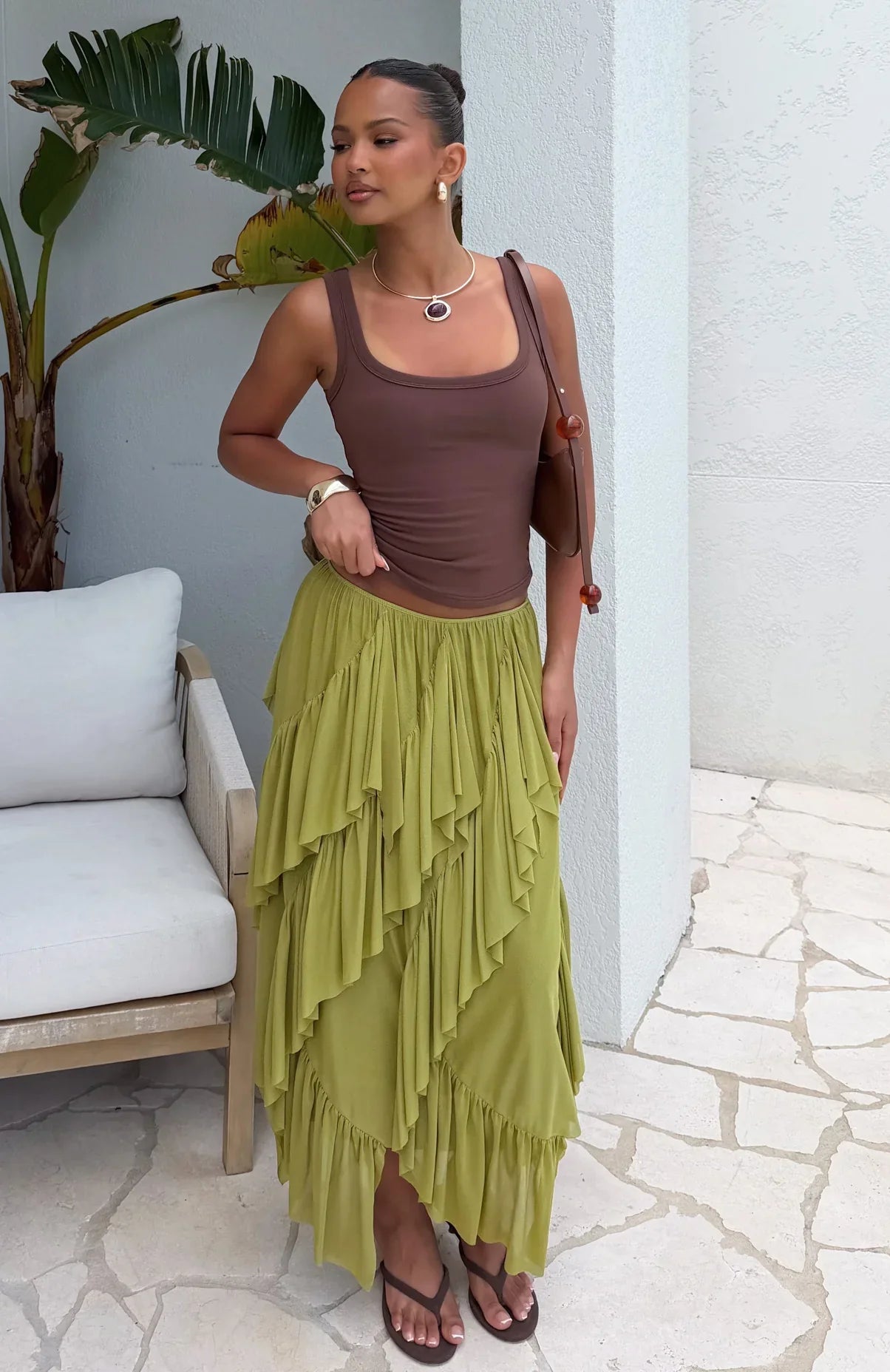 Sunset Strolls Midi Skirt Matcha