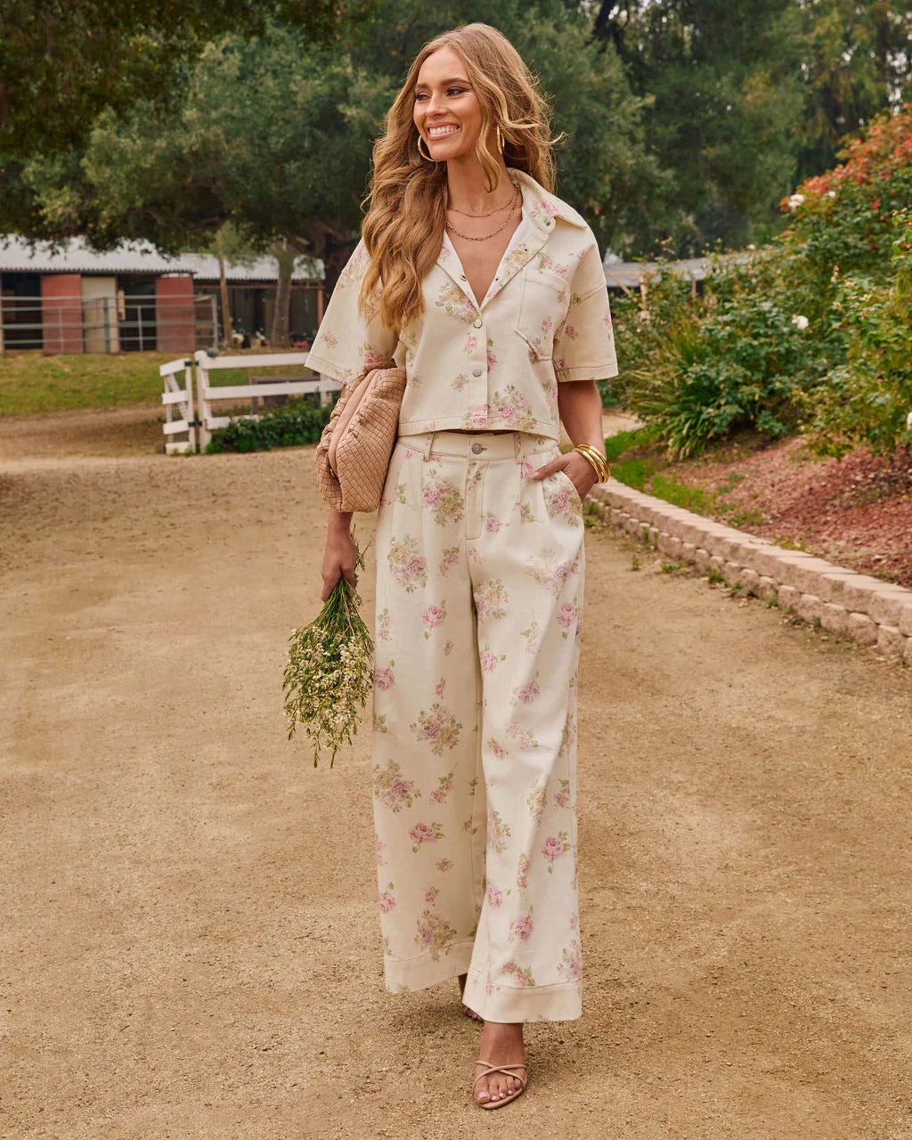 Junelle Rigid High Rise Wide Leg Pleated Floral Jeans