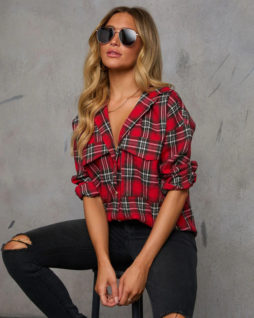 Petaluma Cotton Blend Plaid Button Down Top