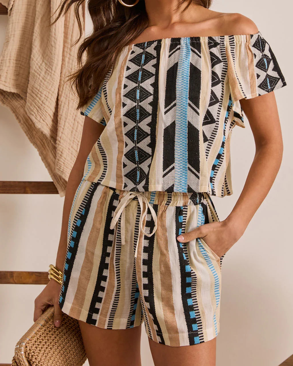 Resort Ready Off The Shoulder Abstract Top