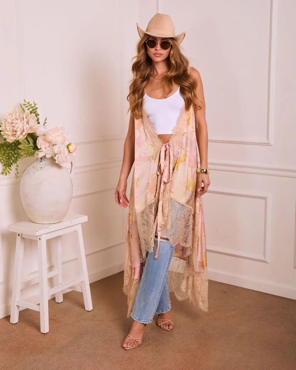 Soft Rise Wrap Floral Satin Lace Midi Dress