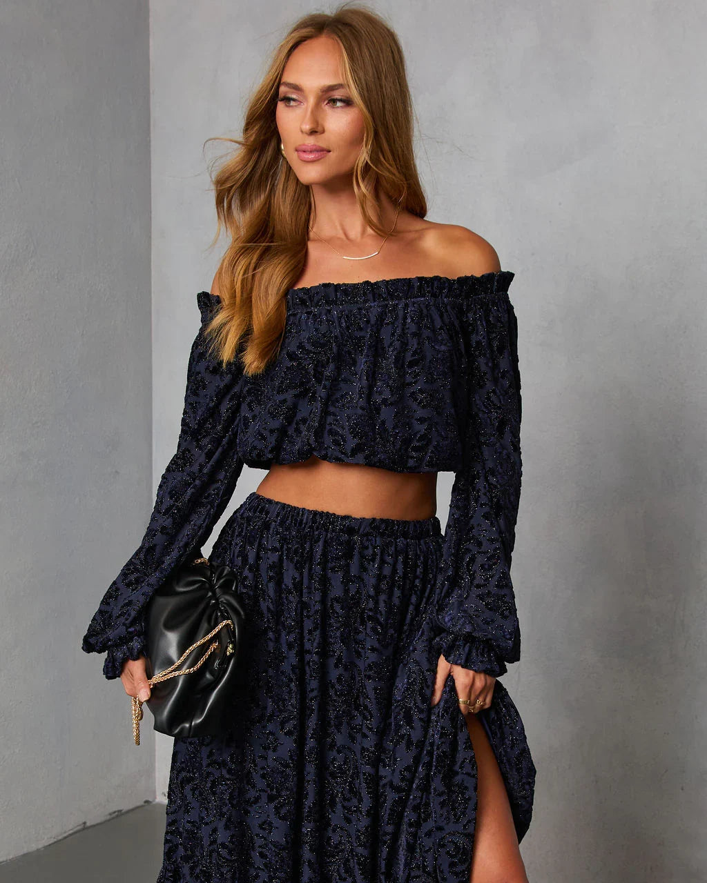 Miriza Flocked Mesh Velvet Off The Shoulder Top