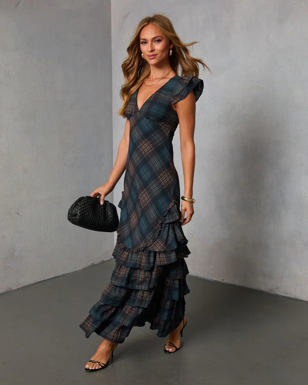 Marcellie Ruffle Plaid Maxi Dress