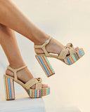 Vacay Vibes Multi Color Embroidered Platform Raffia Heels