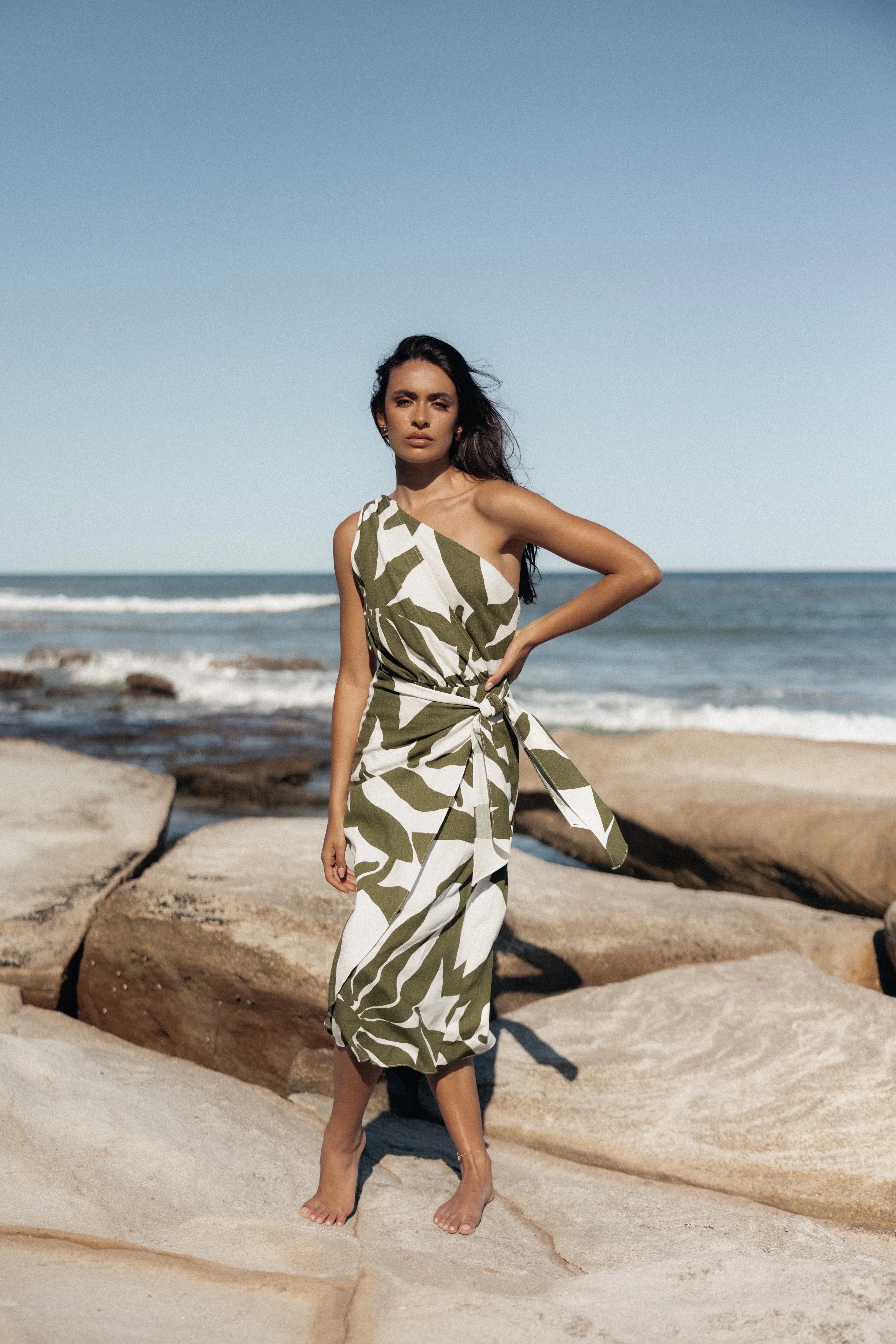 Zara One Shoulder Midi Dress Olive Palm