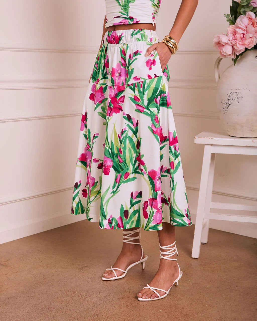 Fresh Gardenia Floral Midi Skirt