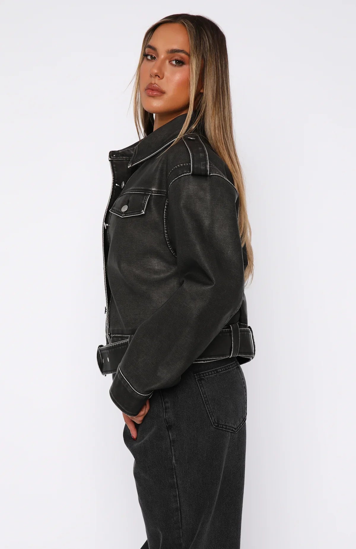 In This World PU Biker Jacket Charcoal Wash
