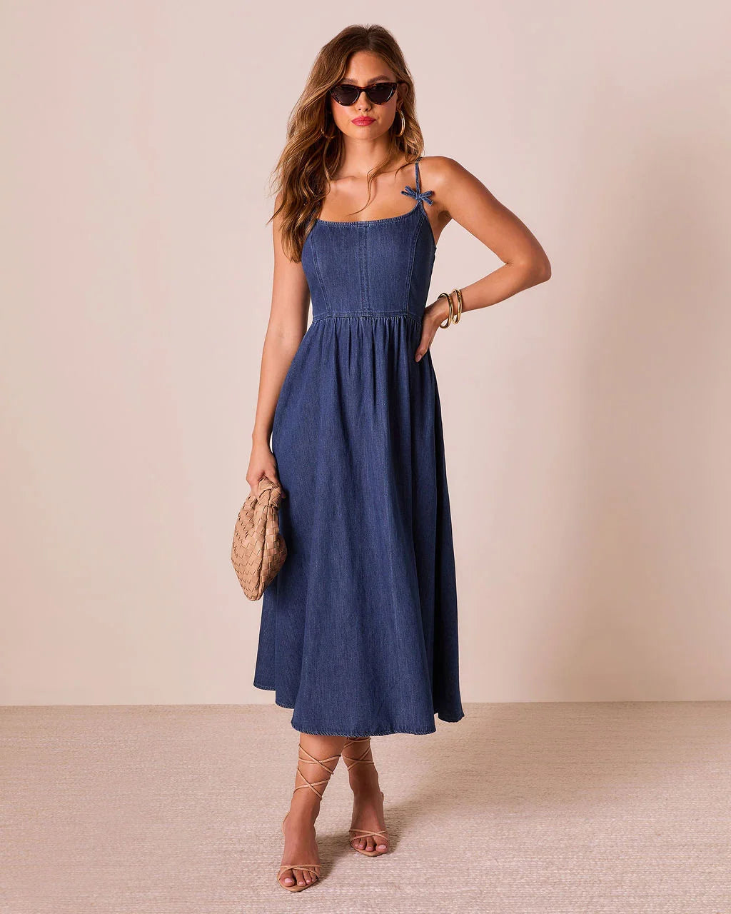 Tide To Me Bow Strap Midi Chambray Dress