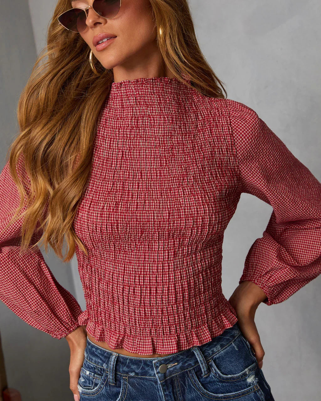 Emberlin Smocked Mock Neck Top