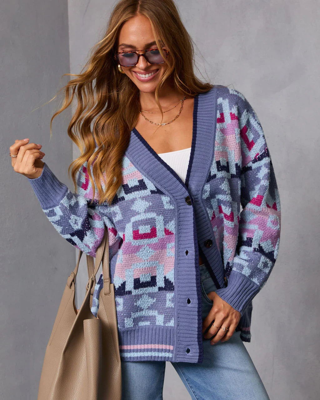 Maristella Intarsia Knit Button Down Cardigan