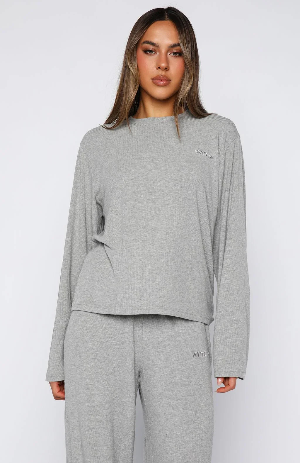 Come A Long Way Soft Lounge Long Sleeve Ribbed Tee Grey Marle