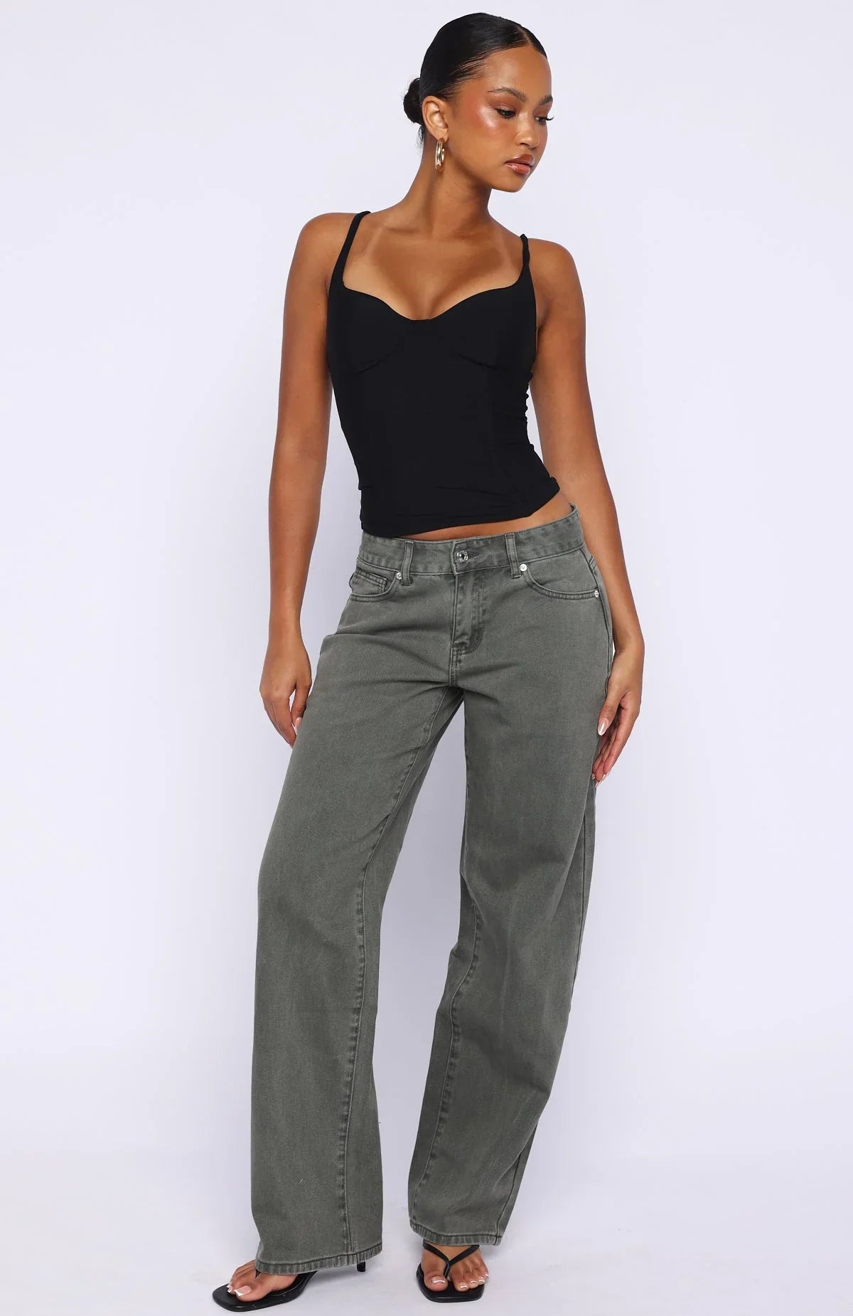 Bring The Style Low Rise Wide Leg Jeans Olive Wash