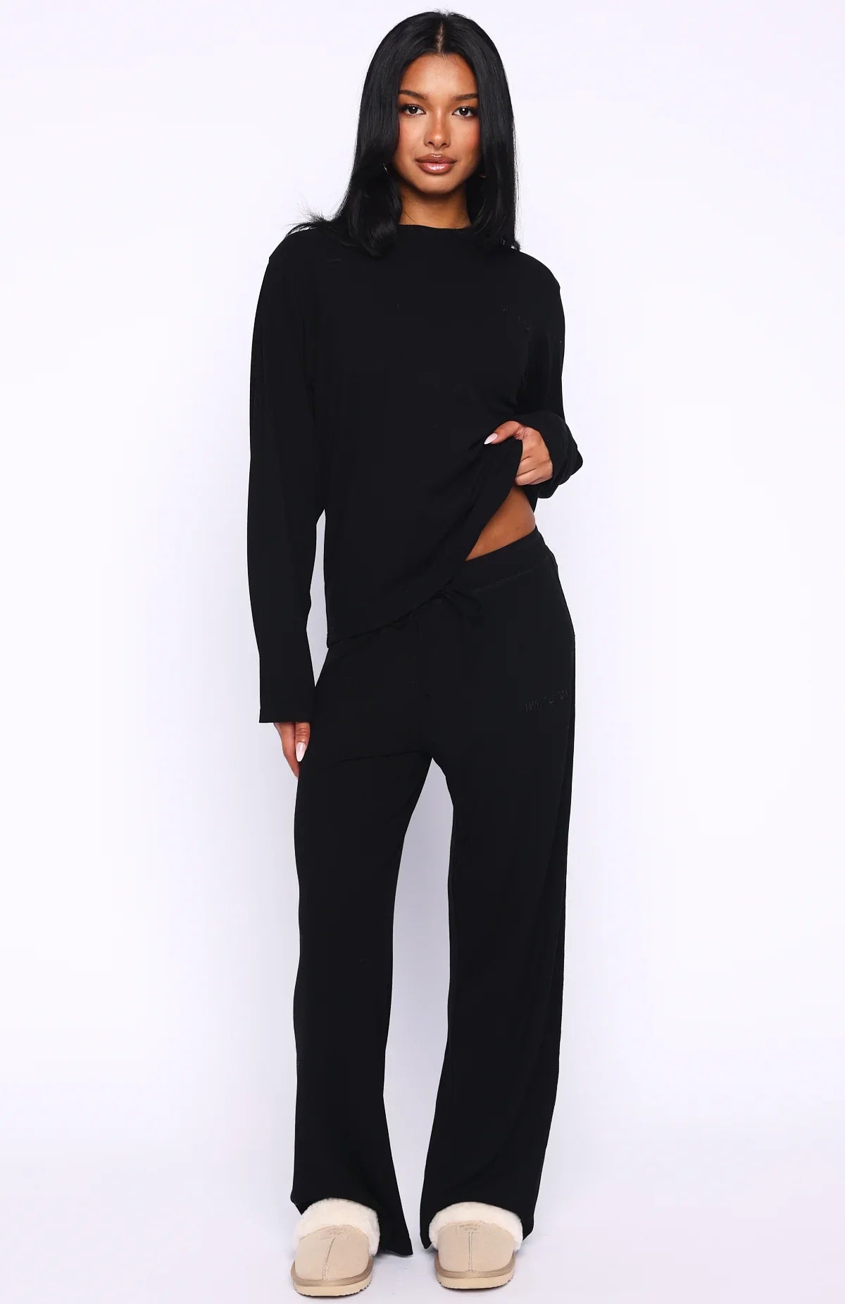 Come A Long Way Soft Lounge Ribbed Wide Leg Pants Black