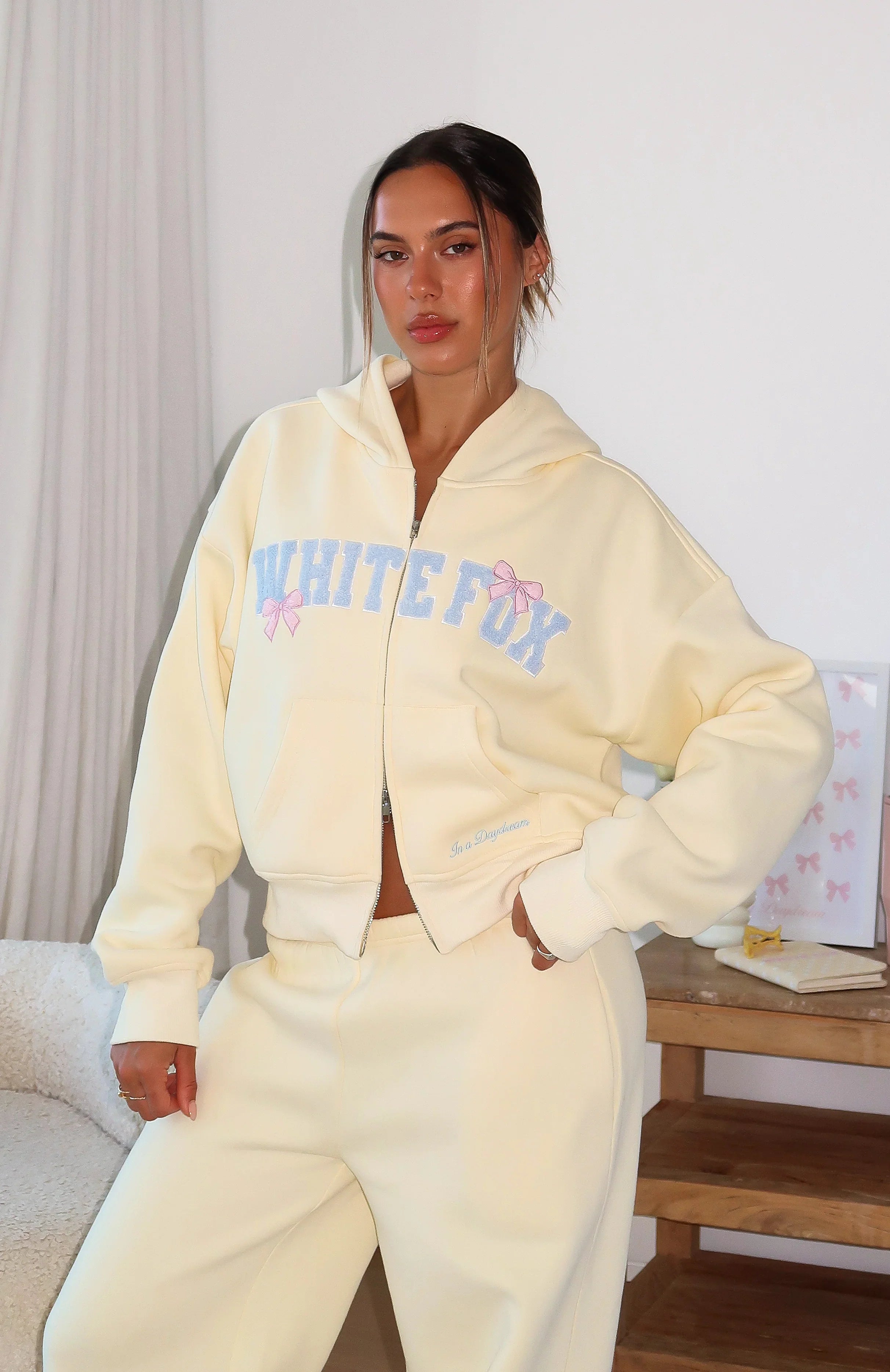 Daydreamers Madeline Boxy Zip Front Hoodie Lemon