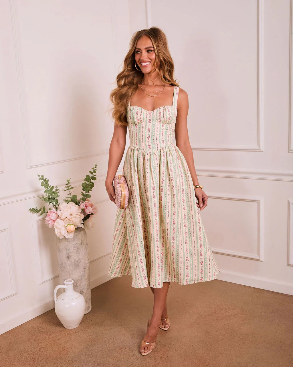 Sunlit Willow Floral Sweetheart Midi Dress