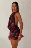 No Second Thoughts Halter Mini Dress Black Scarlet Bloom