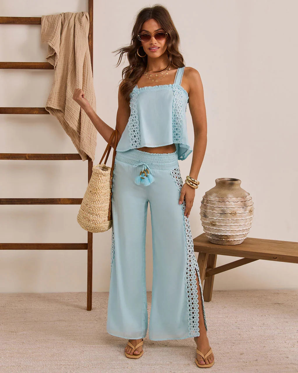 Sunlit Palm Drawstring Relaxed Eyelet Trim Pants