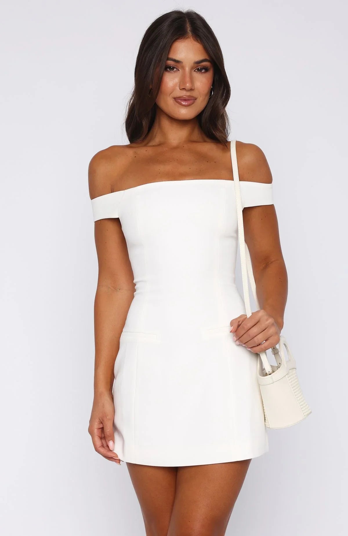 Private Planes Off Shoulder Mini Dress White