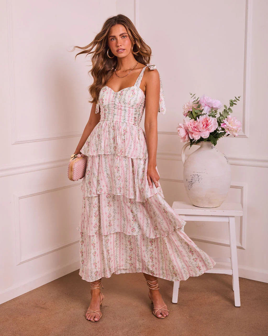 Honey Blush Tiered Floral Midi Dress
