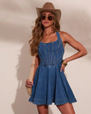 Liria Denim Fit and Flare Halter Neck Mini Dress