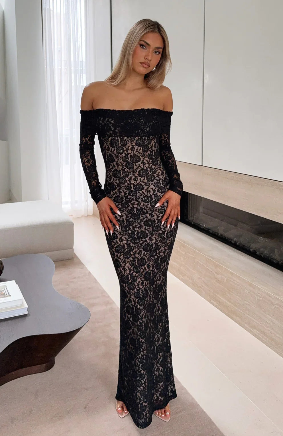 Be My Peace Lace Long Sleeve Maxi Dress Black