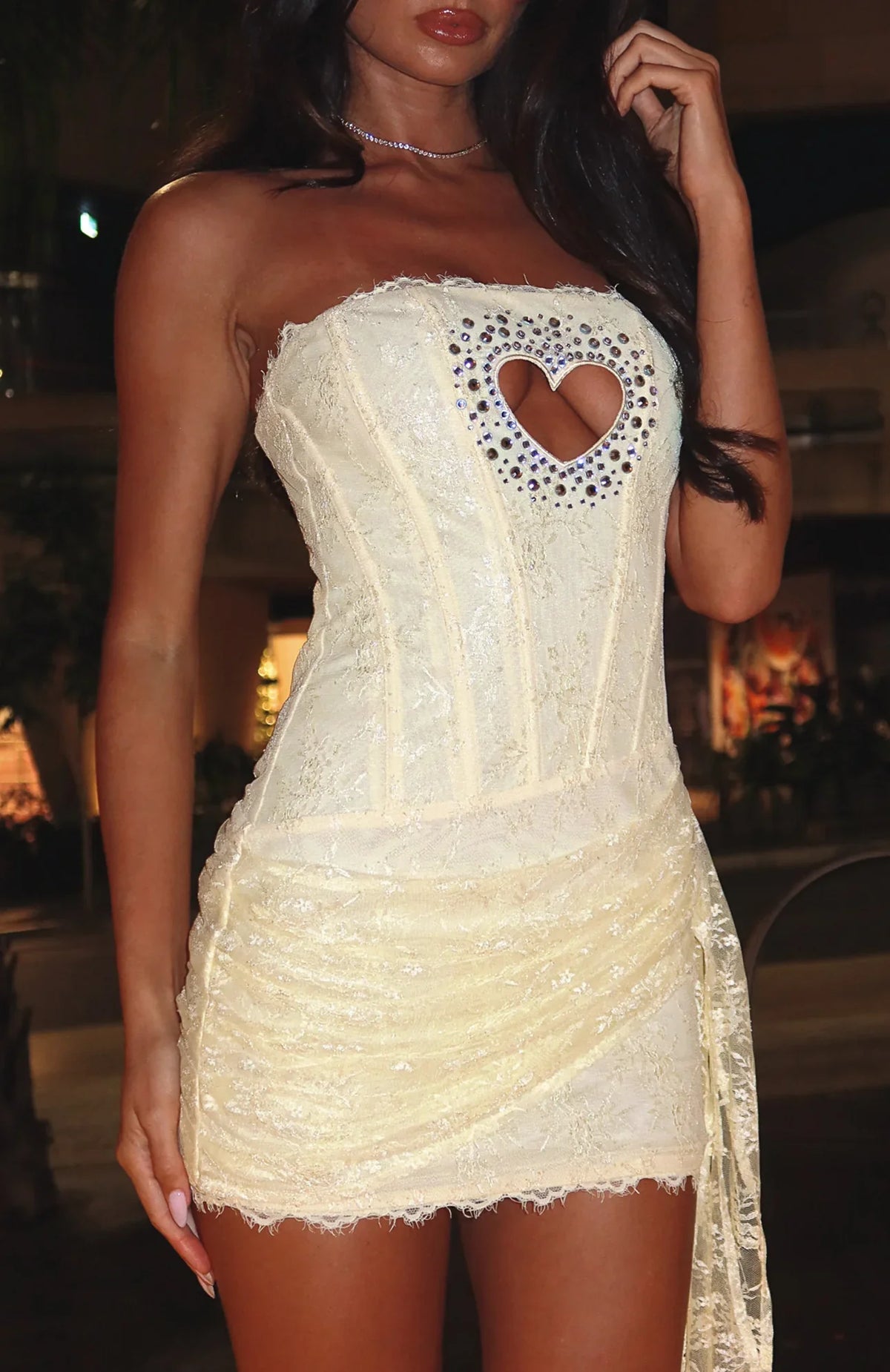 Forever Ever Strapless Lace Mini Dress Lemon