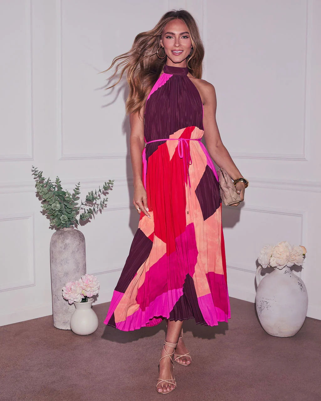 Cheyenne Abstract Pleated Halter Midi Dress