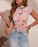 Sunlit Days Mesh Floral Print Mock Neck Top