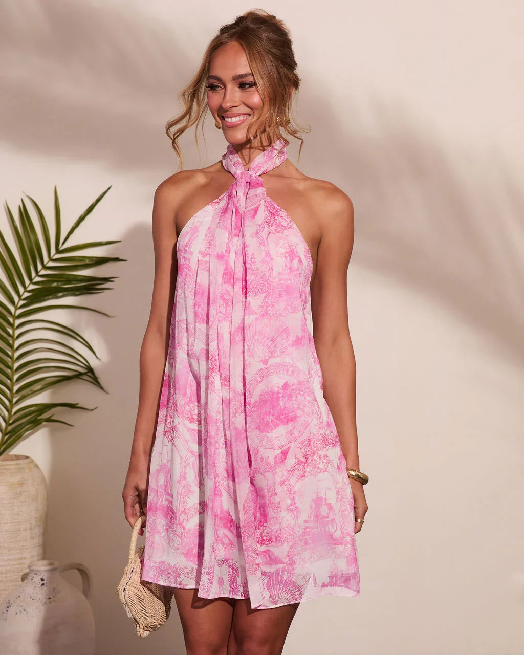 Tropic Bloom Floral Print Halter Neck Mini Dress