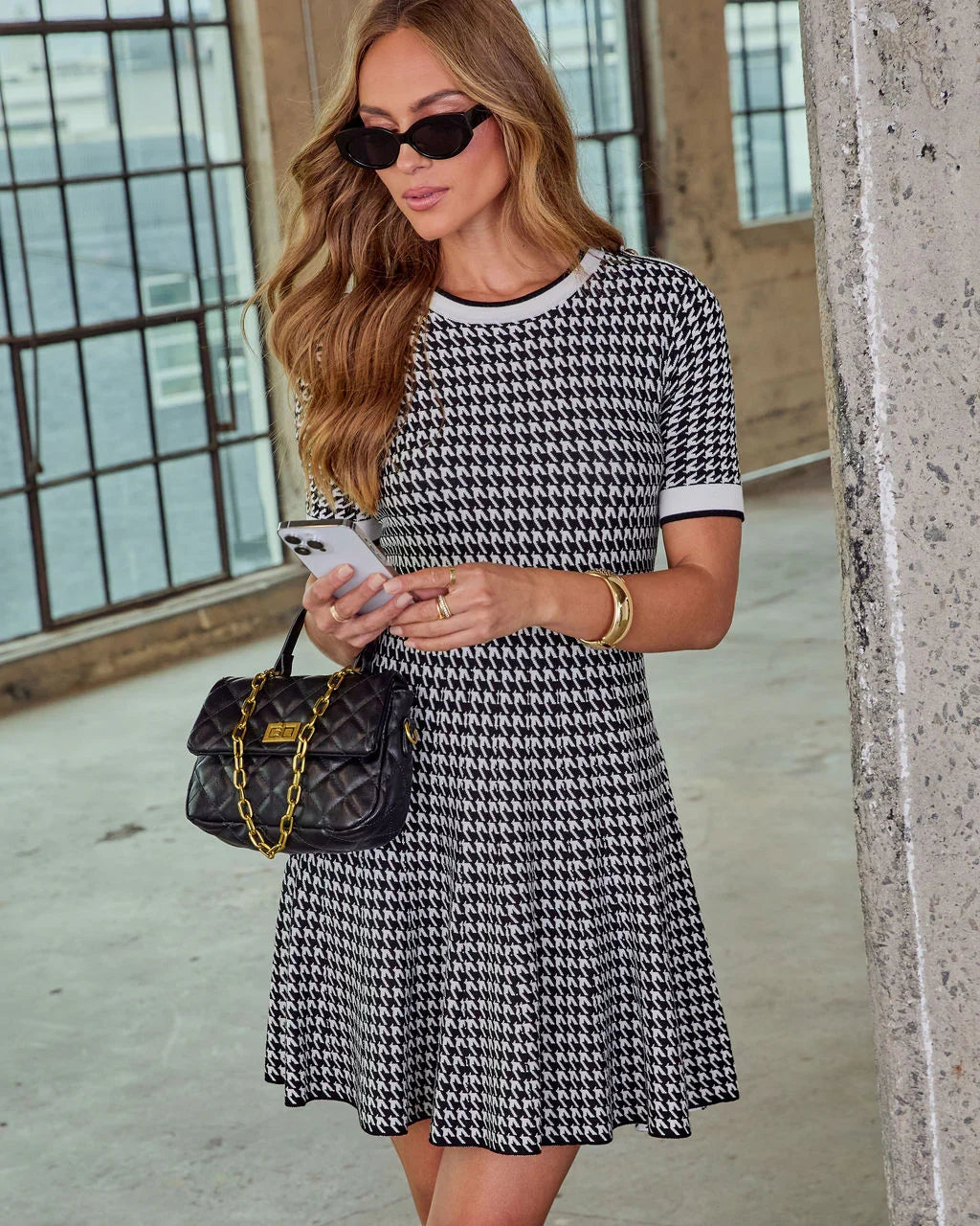 Blare Pleated Houndstooth Mini Dress
