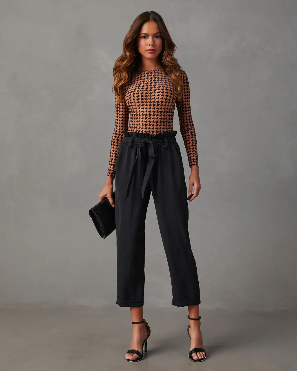 All The Craze Velvet Mesh Houndstooth Bodysuit