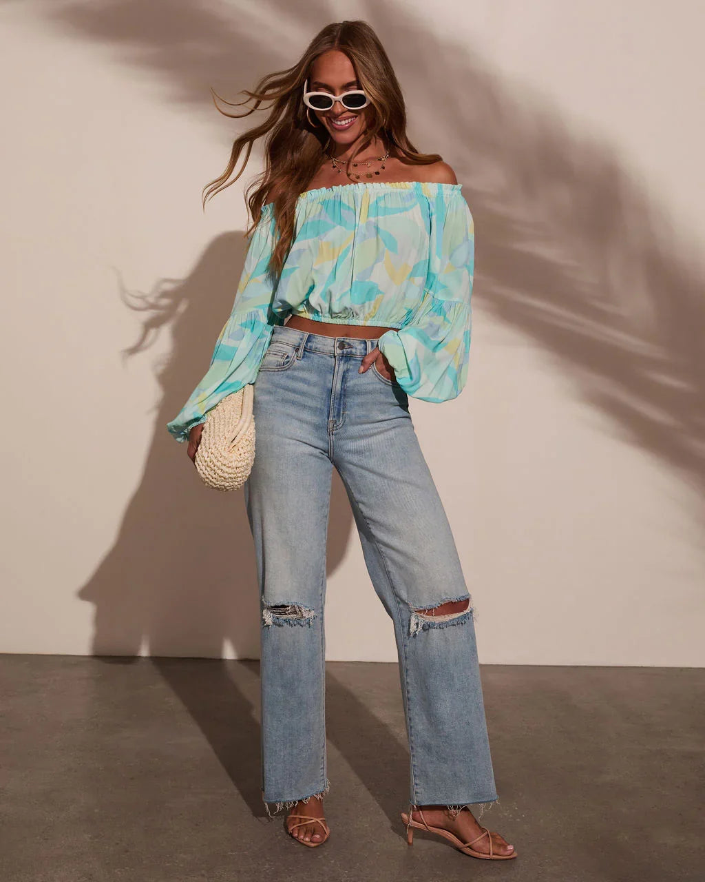 Tropical Spring Printed Off The Shoulder Top