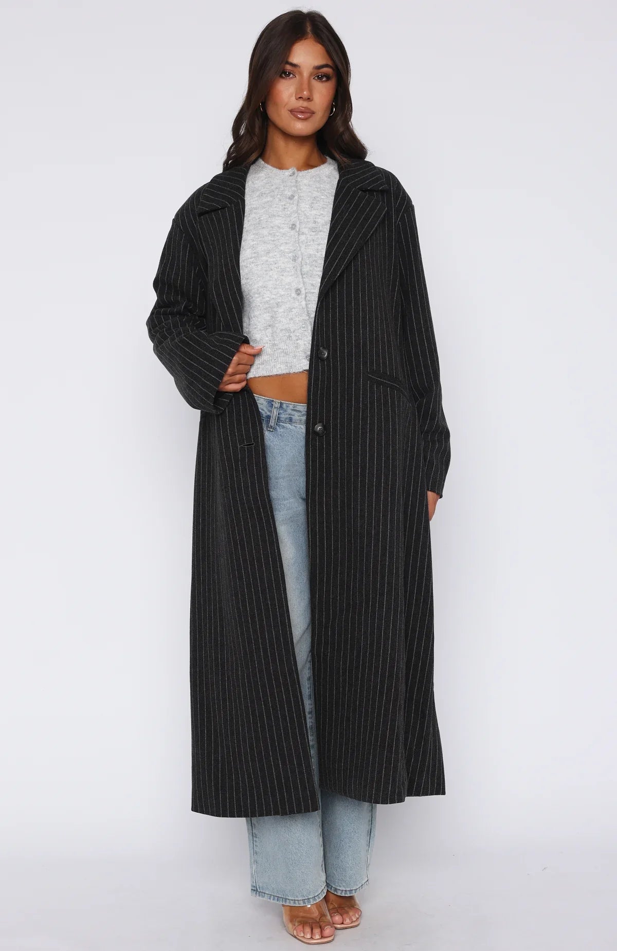 Walk By Me Oversized Coat Charcoal Pinstripe